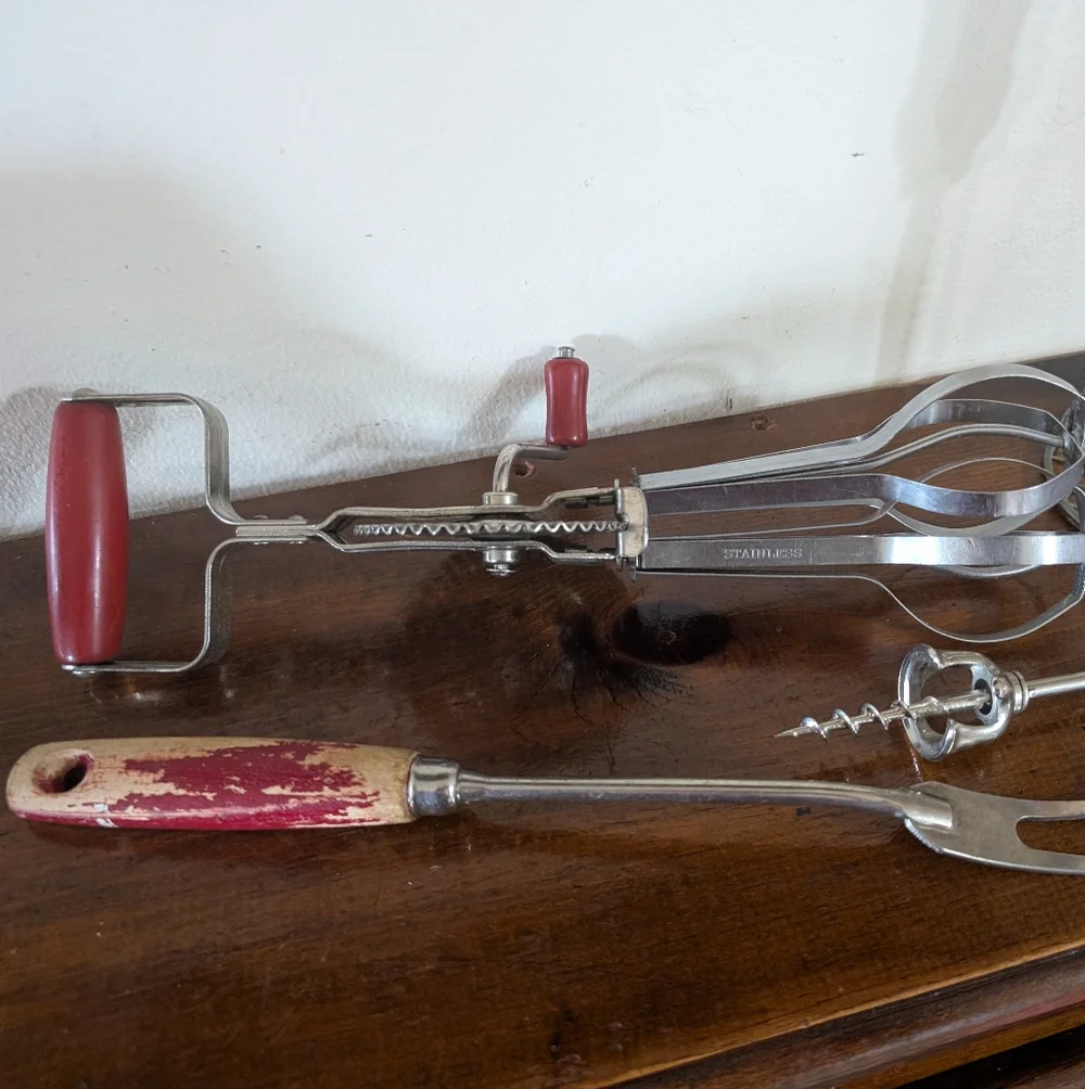 Antique Primitive Kitchenware Lot 1920s 40s Red Handle Utensils & T-Corkscrew